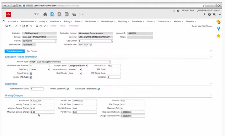 screenshot of Infor Complete Billing System (CBS)